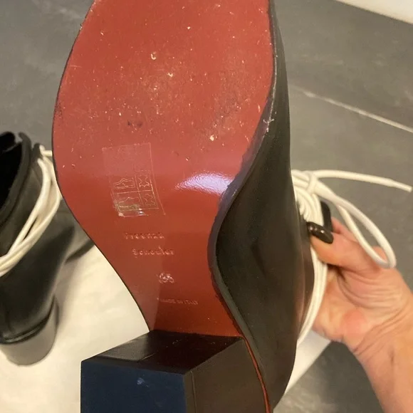 Proenza Schouler Black Leather Open-Toe Lace-Up Ankle Boots with White Laces - Picture 9 of 13